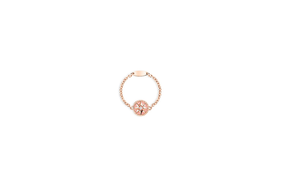 ROSE DES VENTS 750/1000玫瑰金戒指，镶嵌钻石和粉红色蛋白石