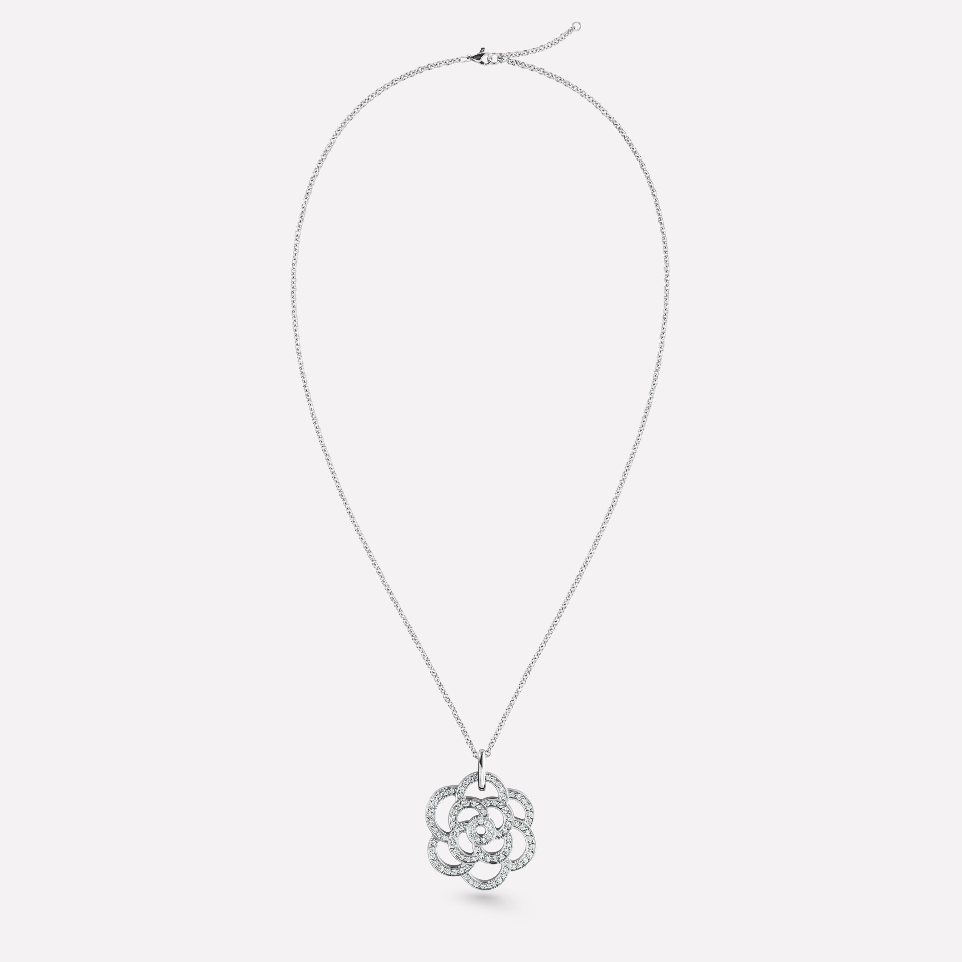 CAMÉLIA系列项链 镂空山茶花图案，精致款，白18K金，镶嵌钻石