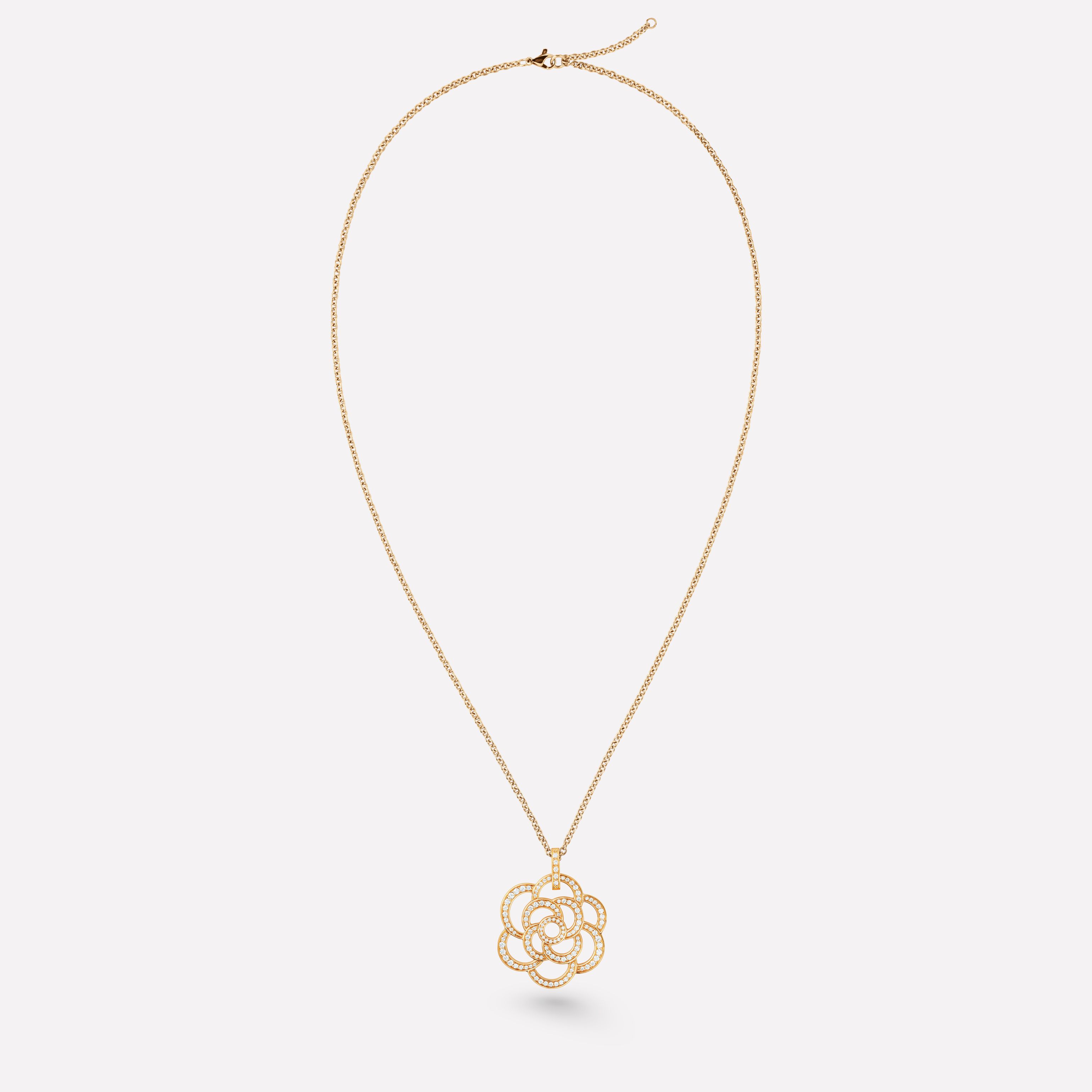 CAMÉLIA系列项链 镂空山茶花图案，标准款，玫瑰18K金，镶嵌钻石
