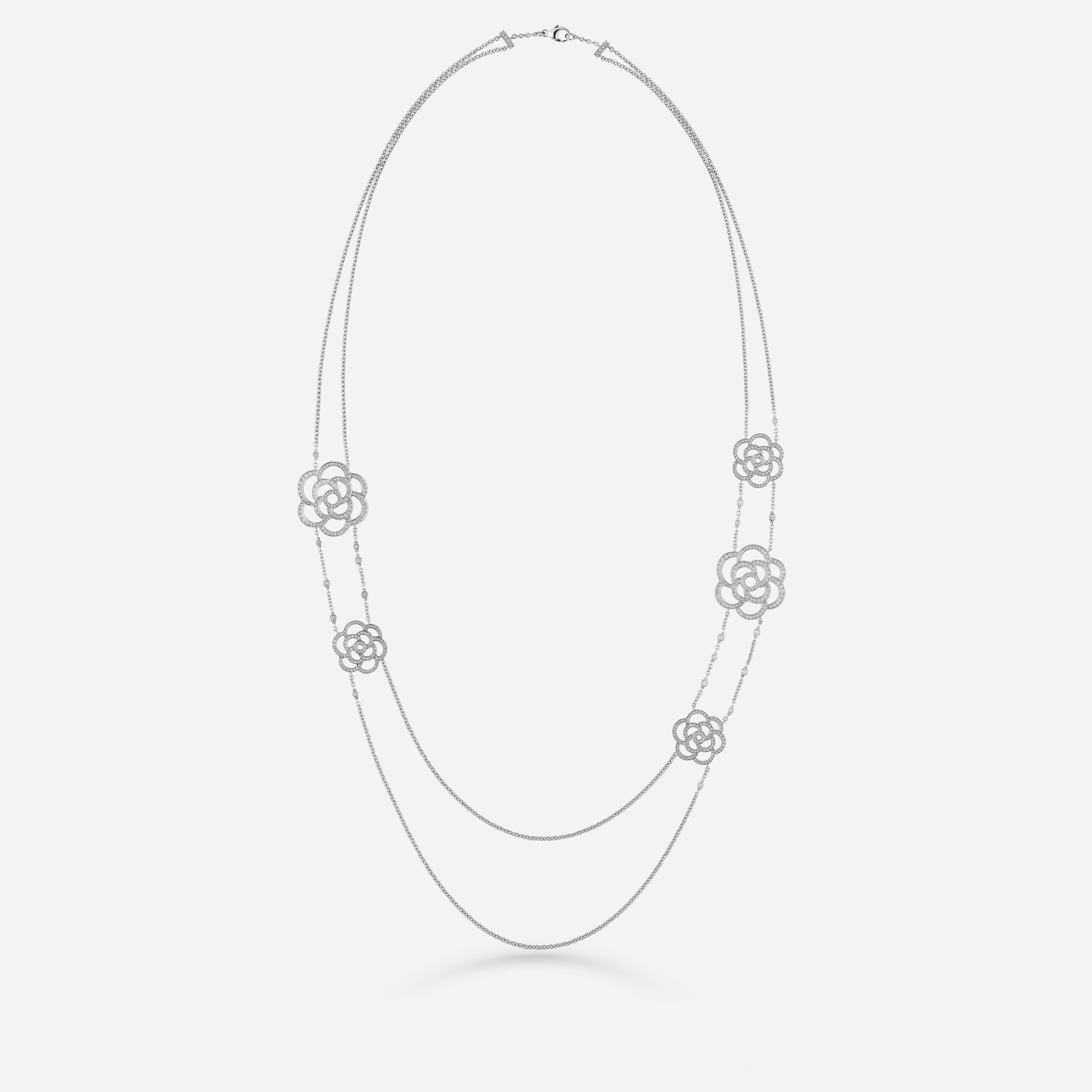 CAMÉLIA系列项链 双层长项链，镂空山茶花图案，白18K金，镶嵌钻石