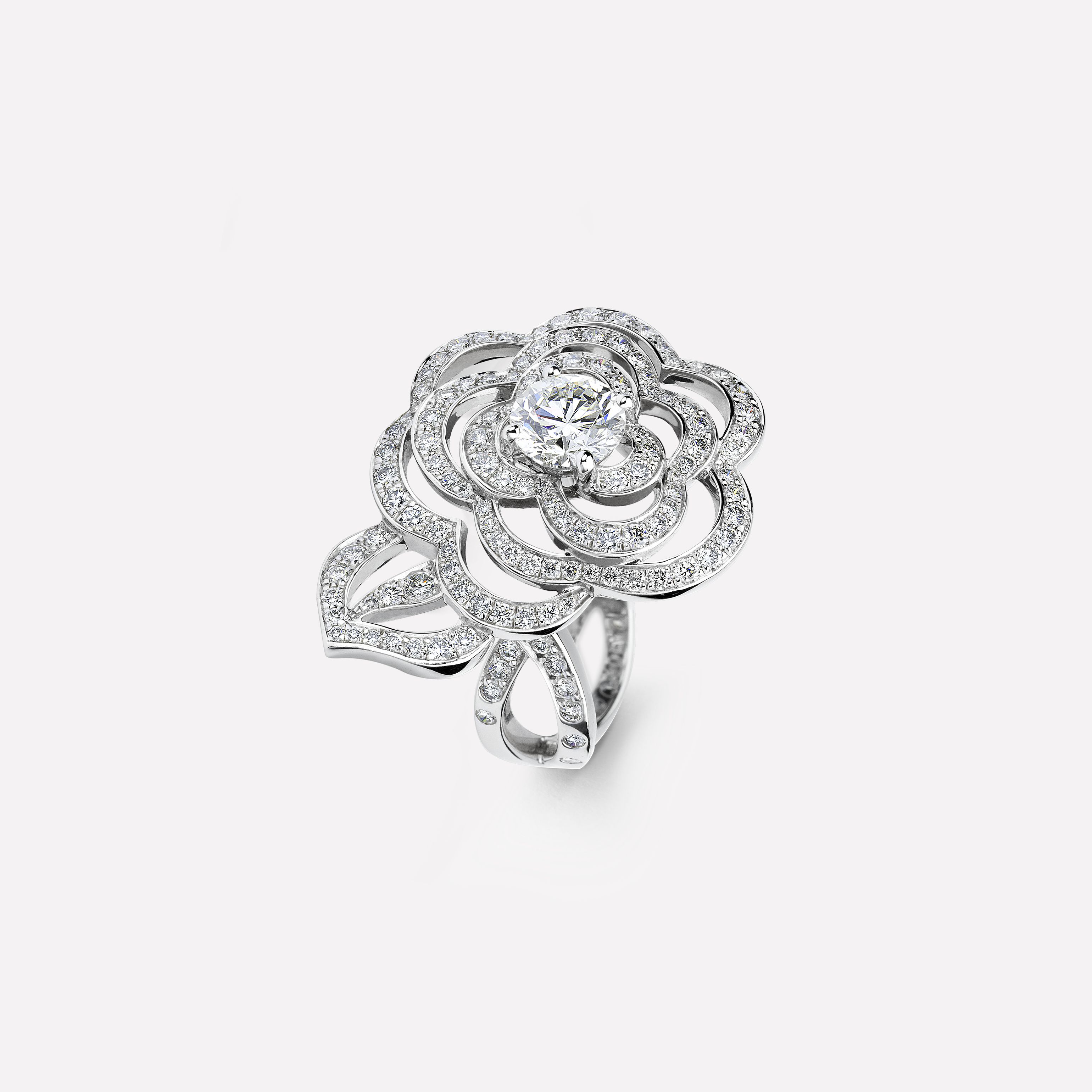 CAMÉLIA系列戒指 山茶花与枝叶线条图案，白18K金，镶嵌钻石与中央主钻