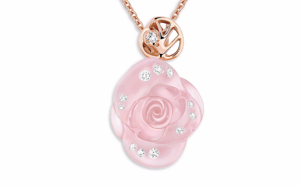 ROSE DIOR PRÉ CATELAN项链，750/1000玫瑰金，镶嵌钻石和粉红色石英