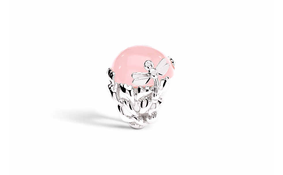 GOURMAND“LIBELLULE”戒指 750/1000白金和粉红色石英